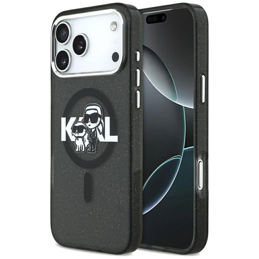 Karl Lagerfeld IML Glitter Karl & Choupette Sketch Logo Apple iPhone 17 Pro Max MagSafe kompatibilis hátlap tok, fekete