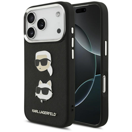 Karl Lagerfeld FW Grained Karl & Choupette Heads Pins & Logo Apple iPhone 17 Pro hátlap tok, fekete