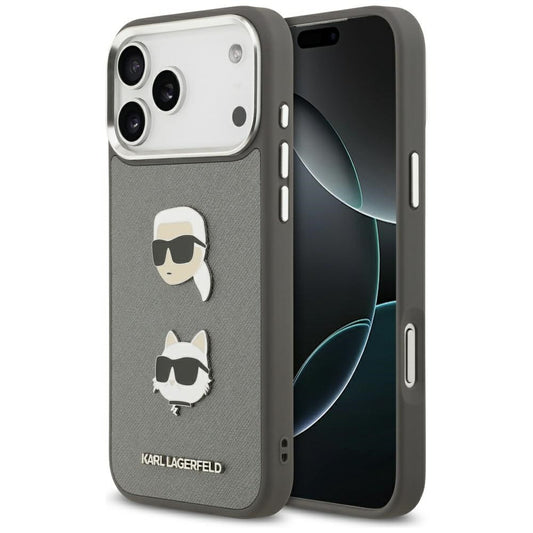 Karl Lagerfeld FW Grained Karl & Choupette Heads Pins & Logo Apple iPhone 17 Pro hátlap tok, szürke