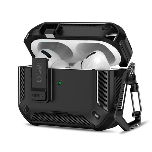 Tech-Protect AirPods Pro 3 strapabíró tok erősített sarkakkal, karabinerrel, fekete (carbon)