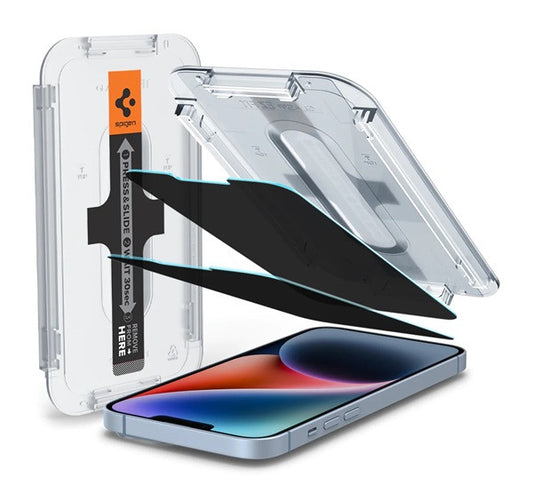 Spigen Glas.tR SLIM EZ Fit Apple iPhone 16e / 13 / 14 / 13 Pro Privacy tempered kijelzővédő fólia felhelyező kerettel (2db) -  iPhone 13/13Pro/14/16e fólia a Domshop kínálatából