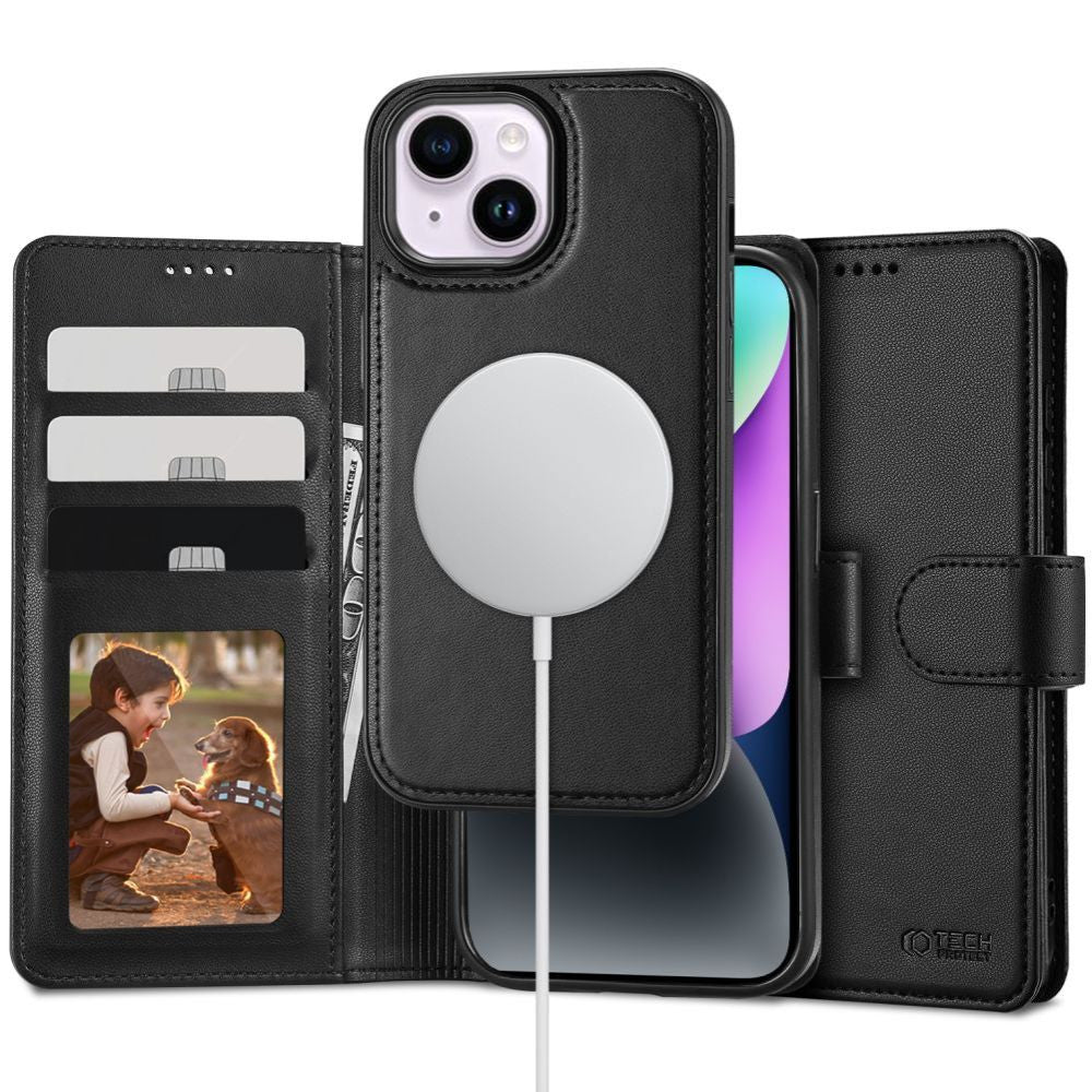 Apple iPhone 15, Oldalra nyíló tok, stand, mágnes csattal, kivehető tokkal, Magsafe töltővel kompatibilis, TP Wallett Magsafe, fekete – iPhone 15 tok a Tech Protect kínálatából | Domshop