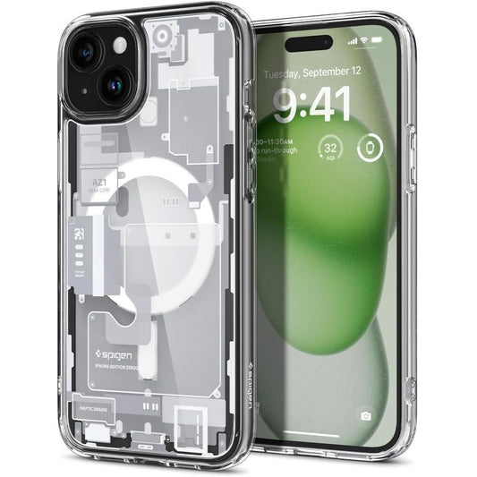 Apple iPhone 15 Plus, Műanyag hátlap védőtok + szilikon keret, Magsafe töltővel kompatibilis, iPhone belső minta, Spigen Ultra Hybrid Zero One Mag, átlátszó/fehér – iPhone 15 Plus tok a Spigen kínálatából | Domshop