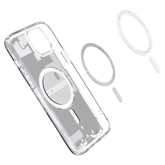 Apple iPhone 15 Plus, Műanyag hátlap védőtok + szilikon keret, Magsafe töltővel kompatibilis, iPhone belső minta, Spigen Ultra Hybrid Zero One Mag, átlátszó/fehér – iPhone 15 Plus tok a Spigen kínálatából | Domshop