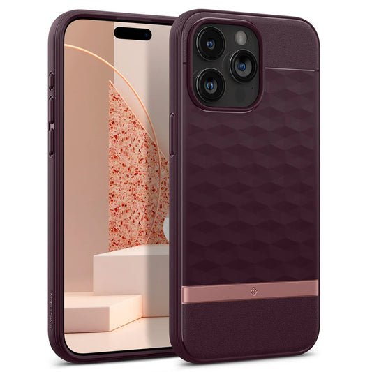 Apple iPhone 15 Pro, Szilikon tok + műanyag keret, közepesen ütésálló, Magsafe töltővel kompatibilis, 3D hatszög minta, Spigen Caseology Parallax Mag, bordó – iPhone 15 Pro tok a Spigen kínálatából | Domshop