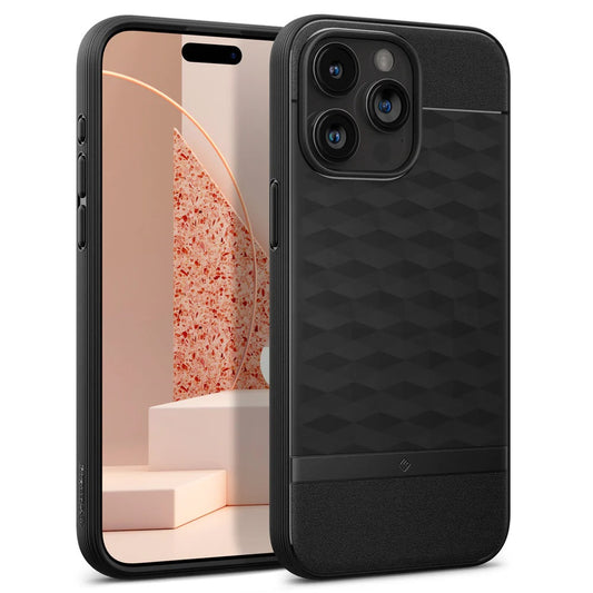 Apple iPhone 15 Pro Max, Szilikon tok + műanyag keret, közepesen ütésálló, Magsafe töltővel kompatibilis, 3D hatszög minta, Spigen Caseology Parallax Mag, fekete – iPhone 15 Pro Max tok a Spigen kínálatából | Domshop