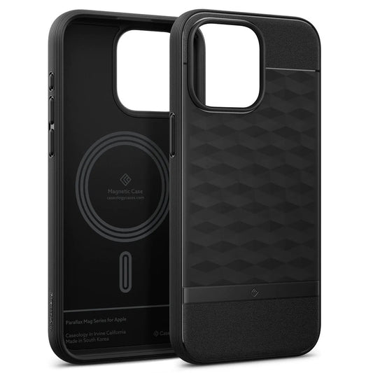 Apple iPhone 15 Pro Max, Szilikon tok + műanyag keret, közepesen ütésálló, Magsafe töltővel kompatibilis, 3D hatszög minta, Spigen Caseology Parallax Mag, fekete – iPhone 15 Pro Max tok a Spigen kínálatából | Domshop