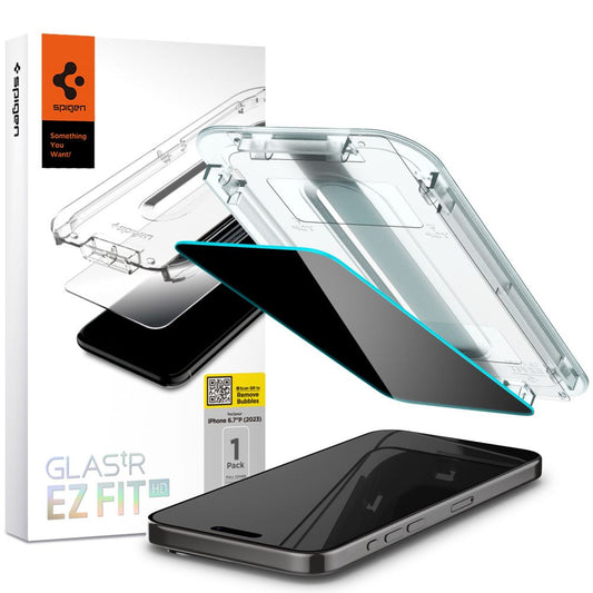 Apple iPhone 15 Pro Max, Kijelzővédő fólia, ütésálló fólia (az íves részre is!), Tempered Glass (edzett üveg), Spigen Ez Fit HD Privacy, Clear – iPhone 15 Pro Max tok a Spigen kínálatából | Domshop