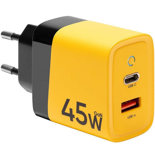 Hálózati töltő adapter, 45W, USB aljzat, USB Type-C aljzat, gyorstöltés, PD 3.0, QC 3.0, PPS, AFC, GaN, Tactical Microgrid GaN, sárga – Adapter a Tactical kínálatából | Domshop