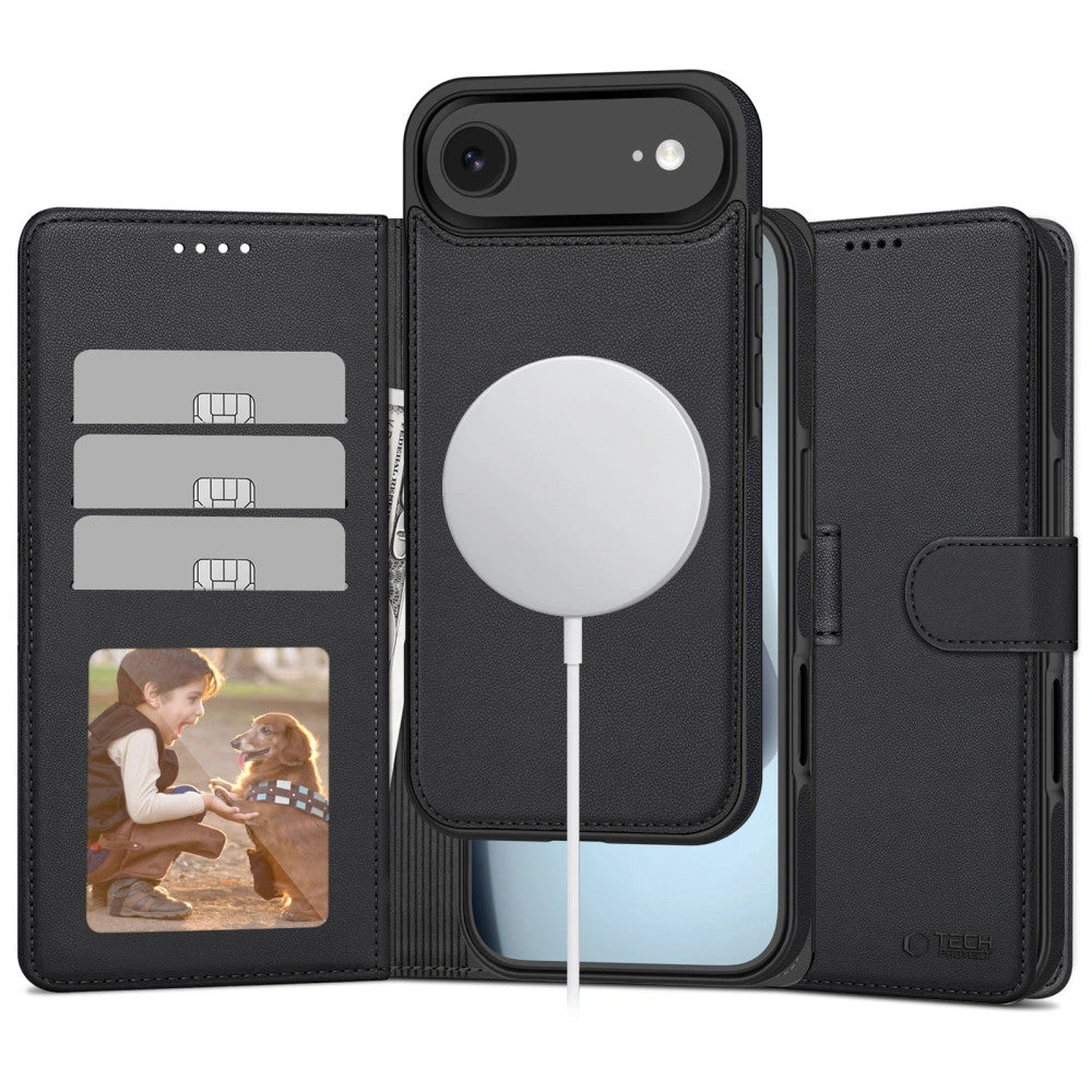Apple iPhone Air (2025), Oldalra nyíló tok, stand, mágnes csattal, kivehető tokkal, Magsafe töltővel kompatibilis, TP Wallett Magsafe, fekete