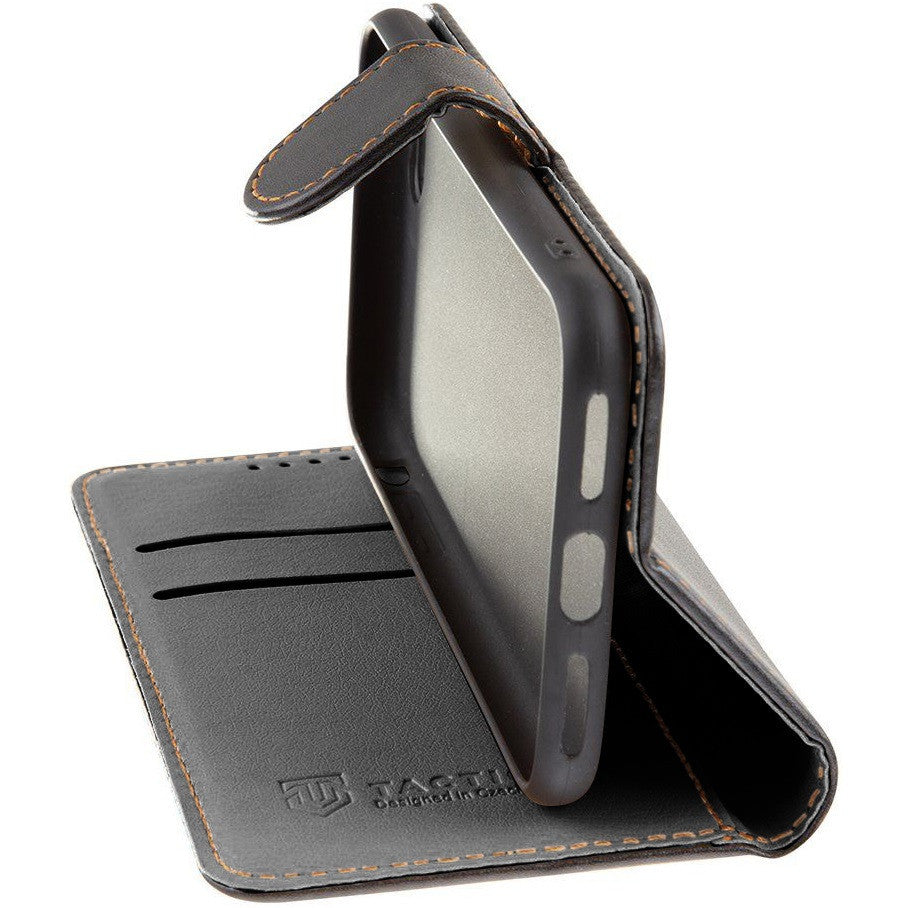 Apple iPhone 17, Oldalra nyíló tok, stand, kártyatartóval, csatos, Tactical Field Notes, fekete