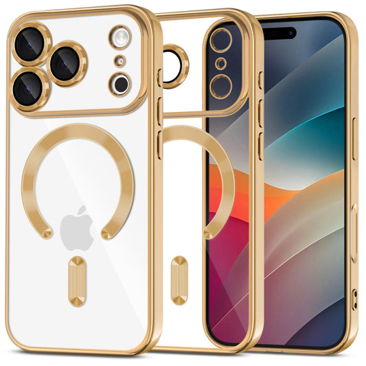 Apple iPhone 17 Pro Max, Műanyag hátlap védőtok + szilikon keret, közepesen ütésálló, Magsafe töltővel kompatibilis, fényes keret, Magflex Magsafe, átlátszó/arany