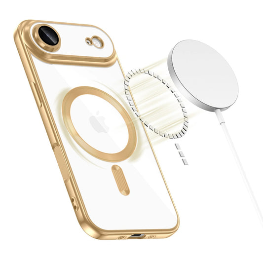 Apple iPhone Air (2025), Műanyag hátlap védőtok + szilikon keret, közepesen ütésálló, Magsafe töltővel kompatibilis, fényes keret, Magflex Magsafe, átlátszó/arany