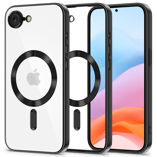 Apple iPhone 16e, Műanyag hátlap védőtok + szilikon keret, közepesen ütésálló, Magsafe töltővel kompatibilis, fényes keret, Magflex Magsafe, átlátszó/fekete