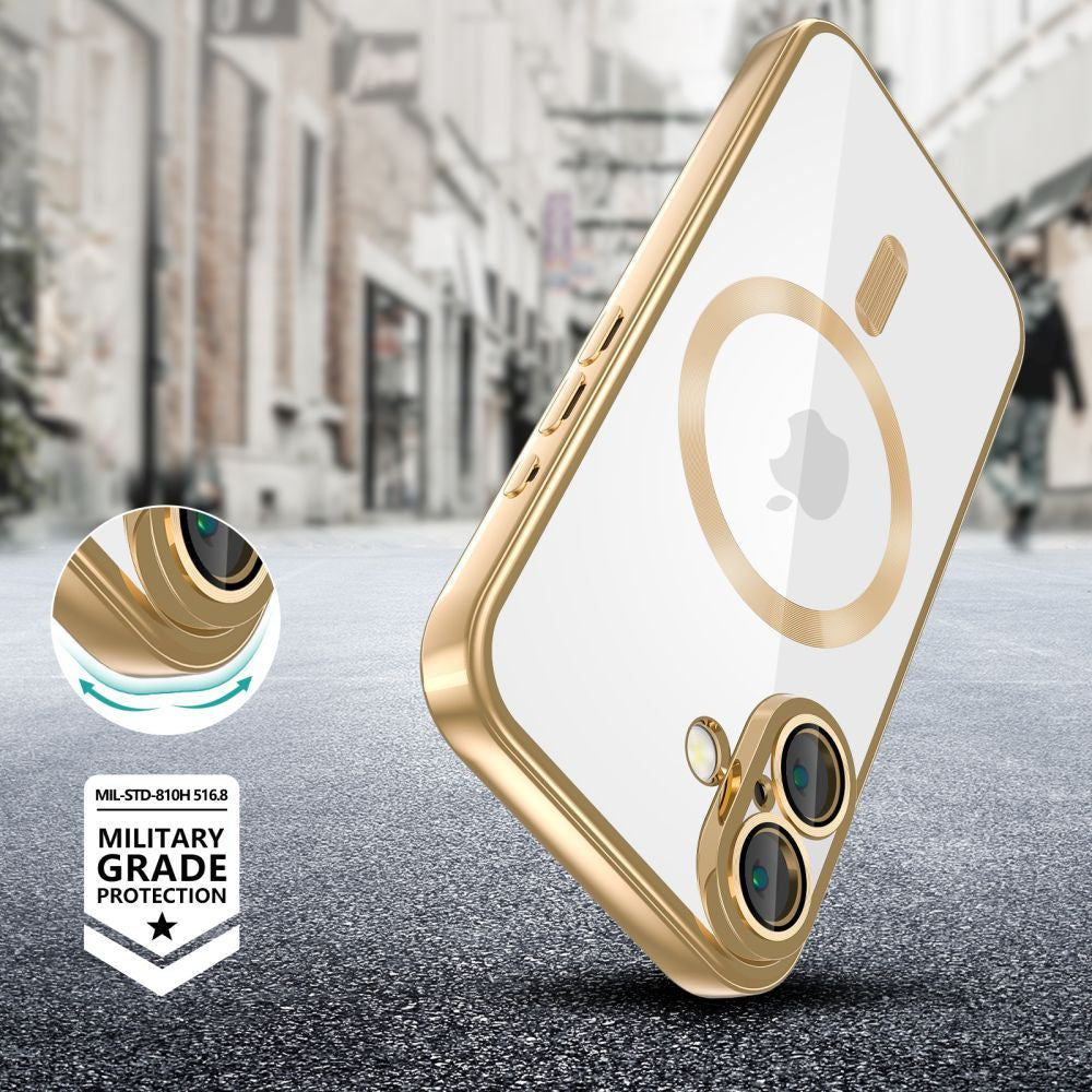 Apple iPhone 16e, Műanyag hátlap védőtok + szilikon keret, közepesen ütésálló, Magsafe töltővel kompatibilis, fényes keret, Magflex Magsafe, átlátszó/arany