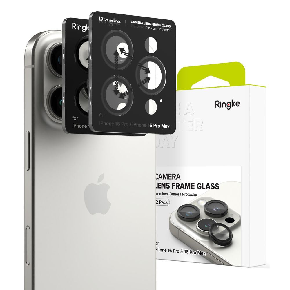 Apple iPhone 16 Pro / 16 Pro Max, Kamera lencsevédő fólia, ütésálló fólia, Tempered Glass (edzett üveg), alumínium keret, Ringke Camera Frame Protector, fekete – a Ringke kínálatából | Domshop