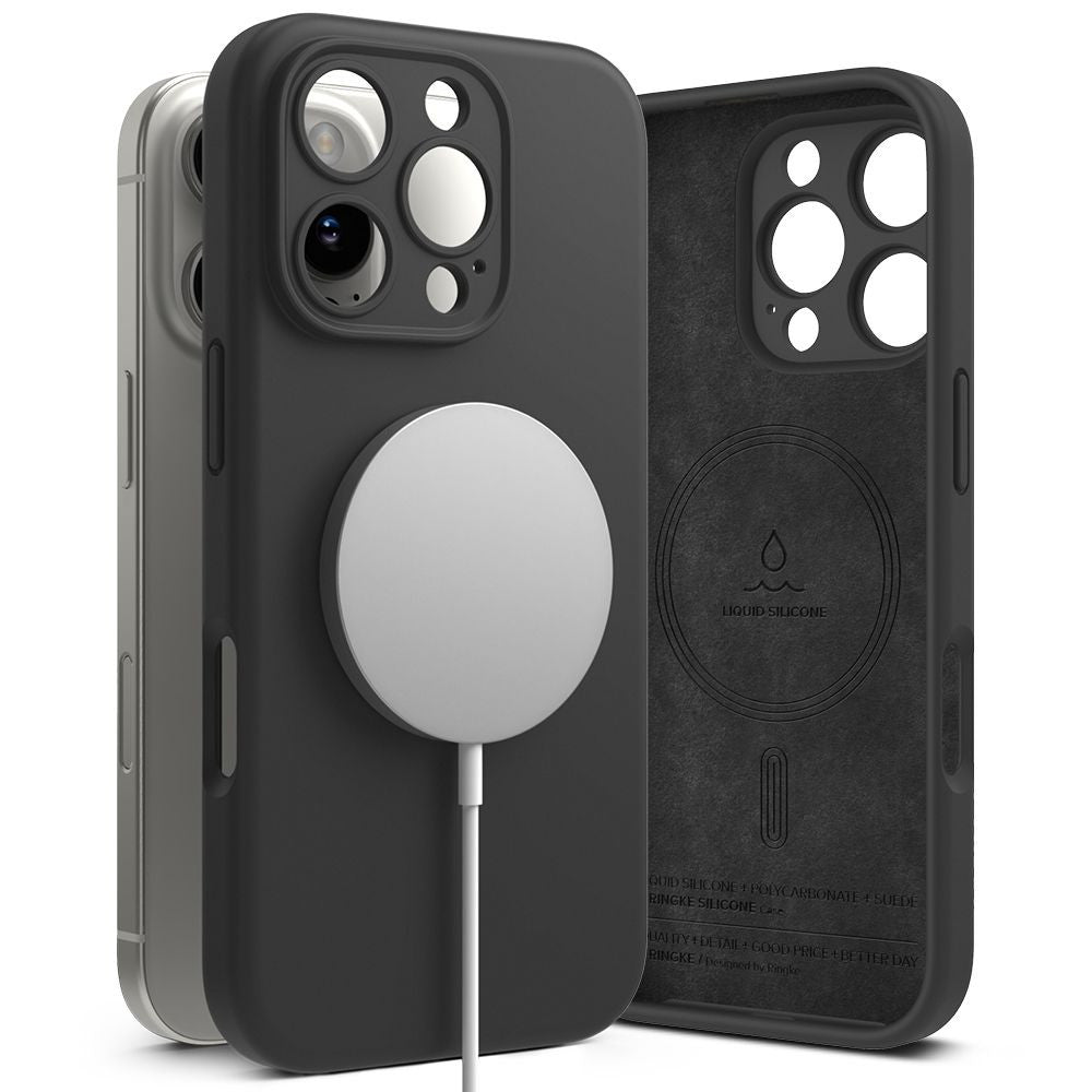 Apple iPhone 16 Pro Max, Szilikon tok, mikrofiber belső, közepesen ütésálló, Magsafe kompatibilis, Ringke Silicone Magnetic, fekete – iPhone 16 Pro Max tok a Ringke kínálatából | Domshop