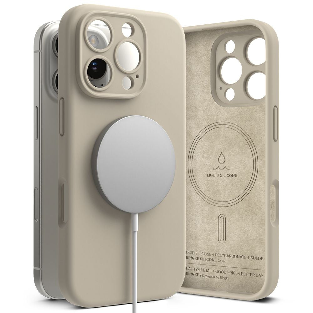Apple iPhone 16 Pro Max, Szilikon tok, mikrofiber belső, közepesen ütésálló, Magsafe kompatibilis, Ringke Silicone Magnetic, tört-fehér – iPhone 16 Pro Max tok a Ringke kínálatából | Domshop