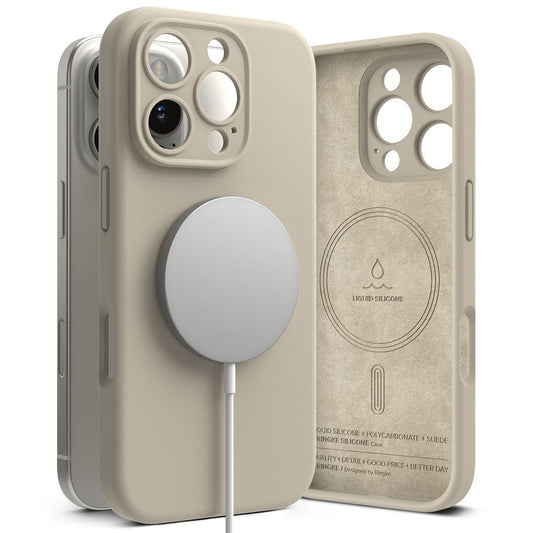 Apple iPhone 16 Pro Max, Szilikon tok, mikrofiber belső, közepesen ütésálló, Magsafe kompatibilis, Ringke Silicone Magnetic, tört-fehér – iPhone 16 Pro Max tok a Ringke kínálatából | Domshop