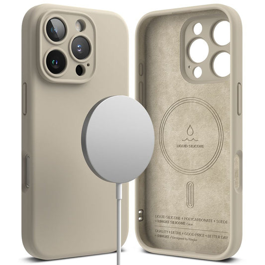 Apple iPhone 16 Pro Max, Szilikon tok, mikrofiber belső, közepesen ütésálló, Magsafe kompatibilis, Ringke Silicone Magnetic, tört-fehér – iPhone 16 Pro Max tok a Ringke kínálatából | Domshop