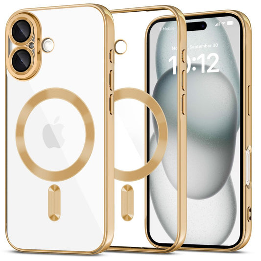 Apple iPhone 16, Műanyag hátlap védőtok + szilikon keret, közepesen ütésálló, Magsafe töltővel kompatibilis, fényes keret, Magflex Magsafe, átlátszó/arany – iPhone 16 tok a Tech Protect kínálatából | Domshop