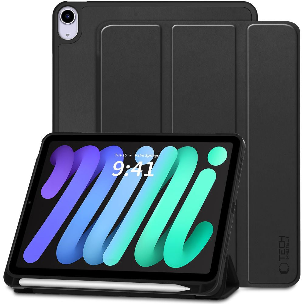 Apple iPad Mini (2021 / 2024) (8.3), mappa tok, közepesen ütésálló, érintőceruza tartó, érintőceruza nélkül, Smart Case, TP SC Pen Holder, fekete – iPad Mini 6 (2021) és iPad Mini 7 (2024) tok a Tech Protect kínálatából | Domshop