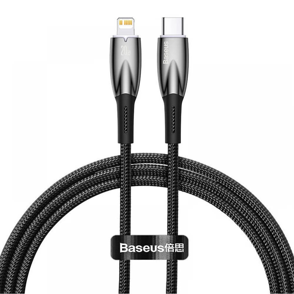 USB Type-C töltő- és adatkábel, Lightning, 100 cm, 2400mA, 20W, törésgátlóval, gyorstöltés, PD, Baseus Glimmer, CADH000001, fekete -  Lightning kábel a Domshop kínálatából