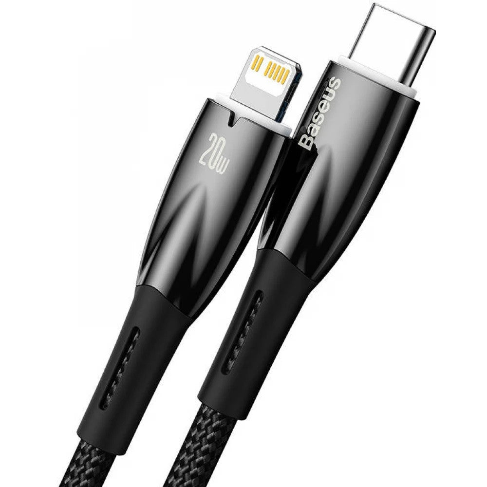 USB Type-C töltő- és adatkábel, Lightning, 100 cm, 2400mA, 20W, törésgátlóval, gyorstöltés, PD, Baseus Glimmer, CADH000001, fekete -  Lightning kábel a Domshop kínálatából