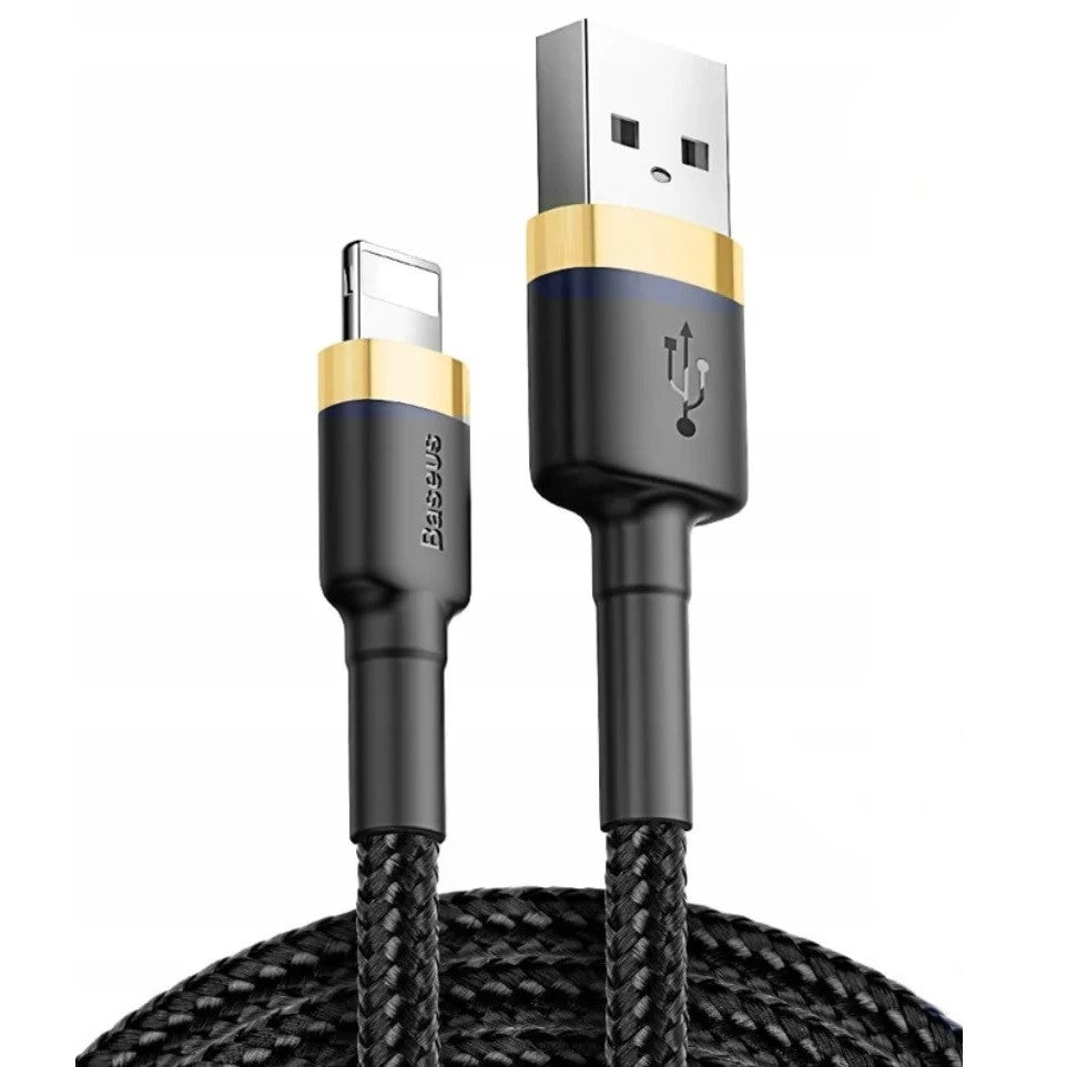 USB töltő- és adatkábel, Lightning, 100 cm, 2400 mA, törésgátlóval, gyorstöltés, cipőfűző minta, Baseus Cafule, CALKLF-BV1, fekete/arany -  Lightning kábel a Domshop kínálatából
