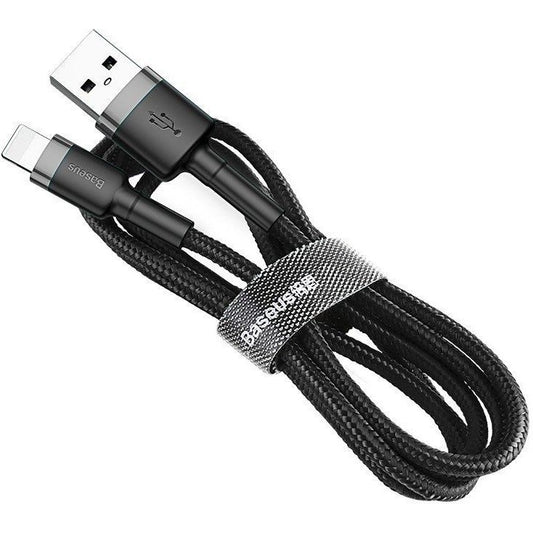 USB töltő- és adatkábel, Lightning, 50 cm, 2400 mA, törésgátlóval, gyorstöltés, cipőfűző minta, Baseus Cafule, CALKLF-AG1, fekete/szürke -  Lightning kábel a Domshop kínálatából