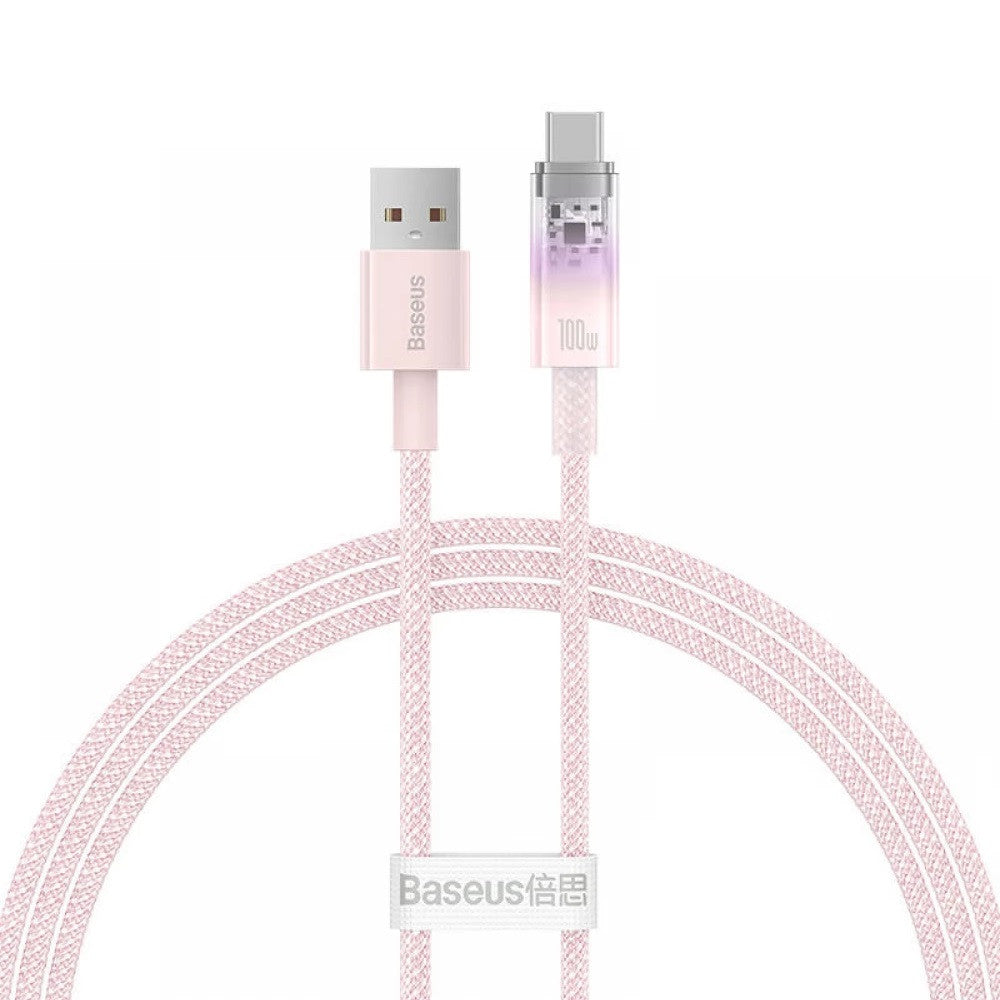 USB töltő- és adatkábel, USB Type-C, 100 cm, 6000 mA, 100W, gyorstöltés, cipőfűző minta, Baseus Explorer, CATS010404, rózsaszín -  USB-C kábel a Domshop kínálatából