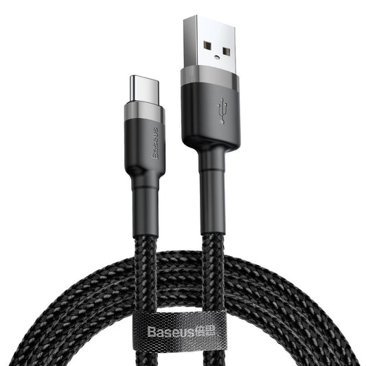 USB töltő- és adatkábel, USB Type-C, 200 cm, 2000 mA, törésgátlóval, gyorstöltés, cipőfűző minta, Baseus Cafule CATKLF-CG1, fekete/szürke -  USB-C kábel a Domshop kínálatából
