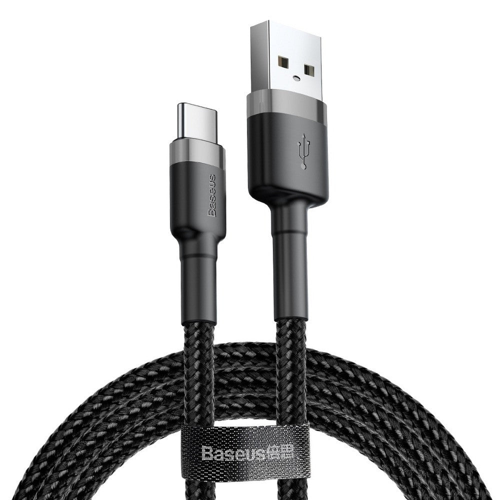 USB töltő- és adatkábel, USB Type-C, 200 cm, 2000 mA, törésgátlóval, gyorstöltés, cipőfűző minta, Baseus Cafule CATKLF-CG1, fekete/szürke -  USB-C kábel a Domshop kínálatából