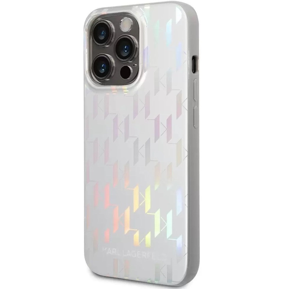Apple iPhone 14 Pro Max, Műanyag hátlap védőtok + szilikon keret, színváltós monogram minta, Karl Lagerfeld Monogram Iridescent, ezüst – iPhone 14 Pro Max tok a Karl Lagerfeld kínálatából | Domshop