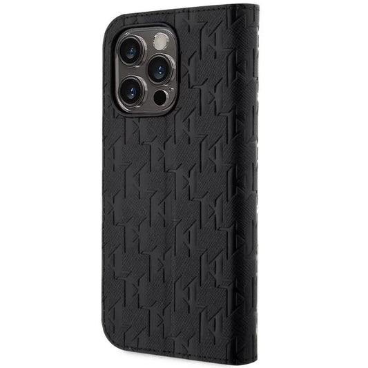 Apple iPhone 14 Pro, Oldalra nyíló tok, stand, kártyatartóval, 3D monogram minta, Karl Lagerfeld Saffiano Monogram Book, fekete – iPhone 14 Pro tok a Karl Lagerfeld kínálatából | Domshop