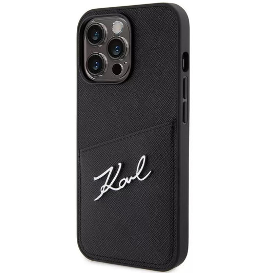 Apple iPhone 13 Pro, Műanyag hátlap védőtok + szilikon keret, bőrhatású hátlap, kártyatartóval, Karl Lagerfeld Saffiano Metal Signature Cardslot, fekete – iPhone 13 Pro tok a Karl Lagerfeld kínálatából | Domshop