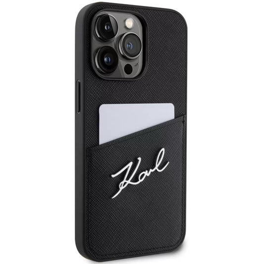 Apple iPhone 13 Pro, Műanyag hátlap védőtok + szilikon keret, bőrhatású hátlap, kártyatartóval, Karl Lagerfeld Saffiano Metal Signature Cardslot, fekete – iPhone 13 Pro tok a Karl Lagerfeld kínálatából | Domshop