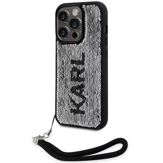 Apple iPhone 13 Pro, Műanyag hátlap védőtok + szilikon keret, színváltós hátlap, kézpánttal, Karl minta, Karl Lagerfeld Sequins Reversible, ezüst/fekete – iPhone 13 Pro tok a Karl Lagerfeld kínálatából | Domshop